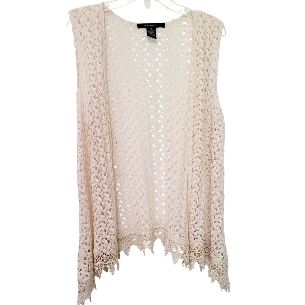 89th & Madison Crochet Vest Women XL Cream Boho Lace Open Front Sleeveless Trim